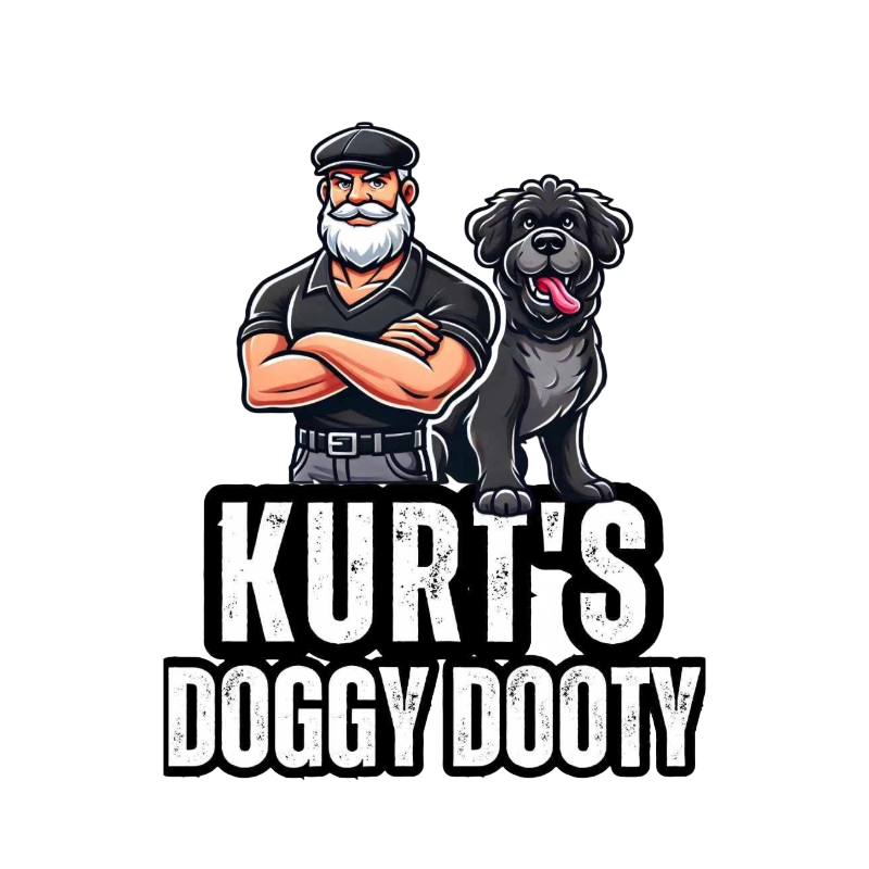 Kurt’s Doggy Dooty logo featuring a bearded man and a black dog representing a dog waste removal service in the St. Charles Illinois area